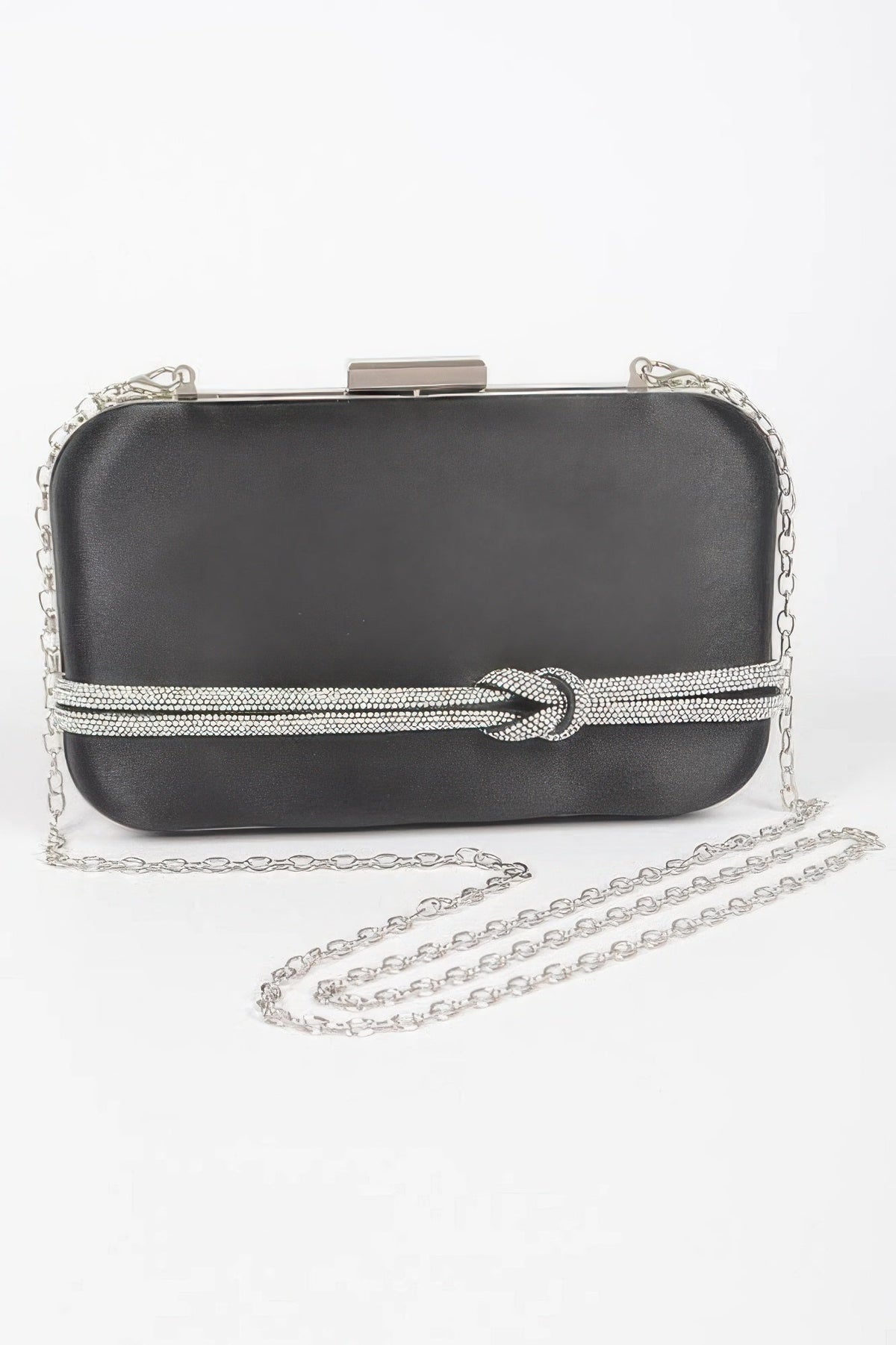 Black satin frame clutch bag with rhinestone chain strap and bow detail