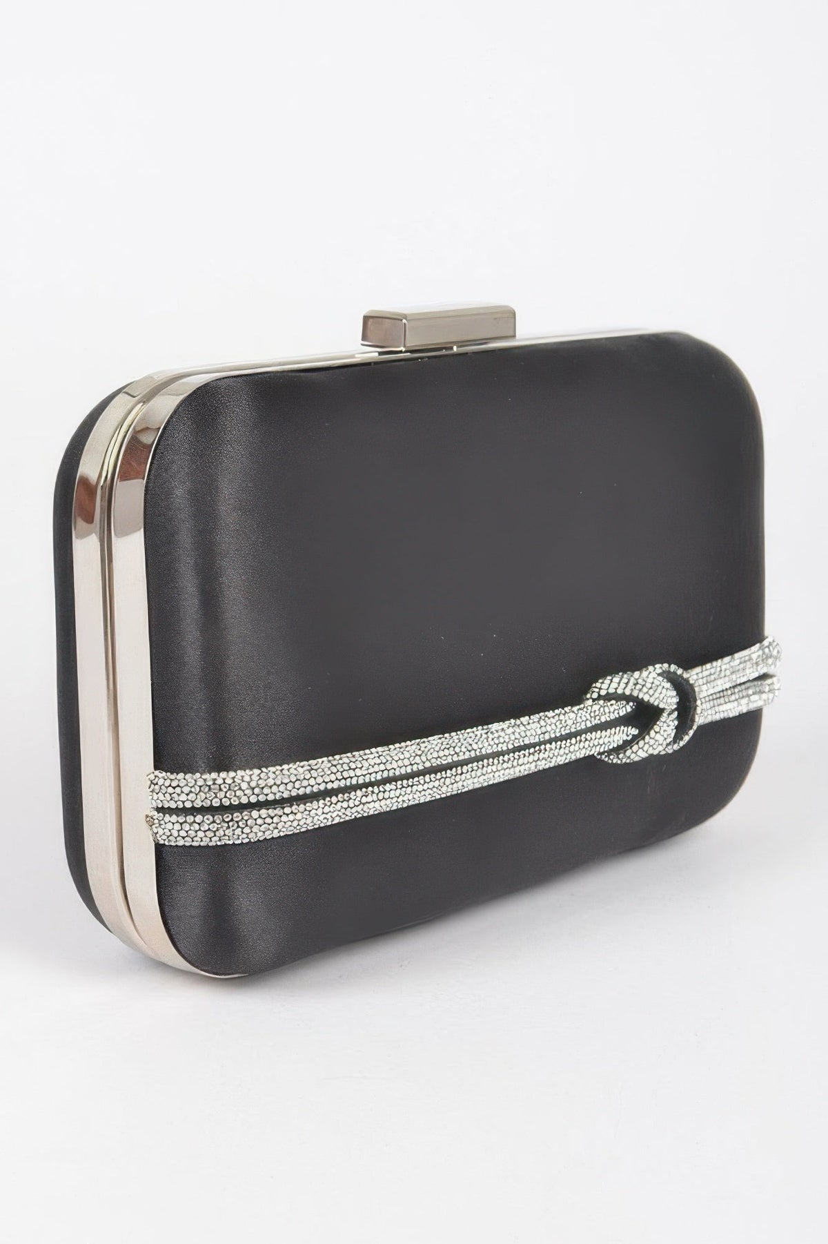 Black satin frame clutch with gold-toned metal edges and rhinestone handle