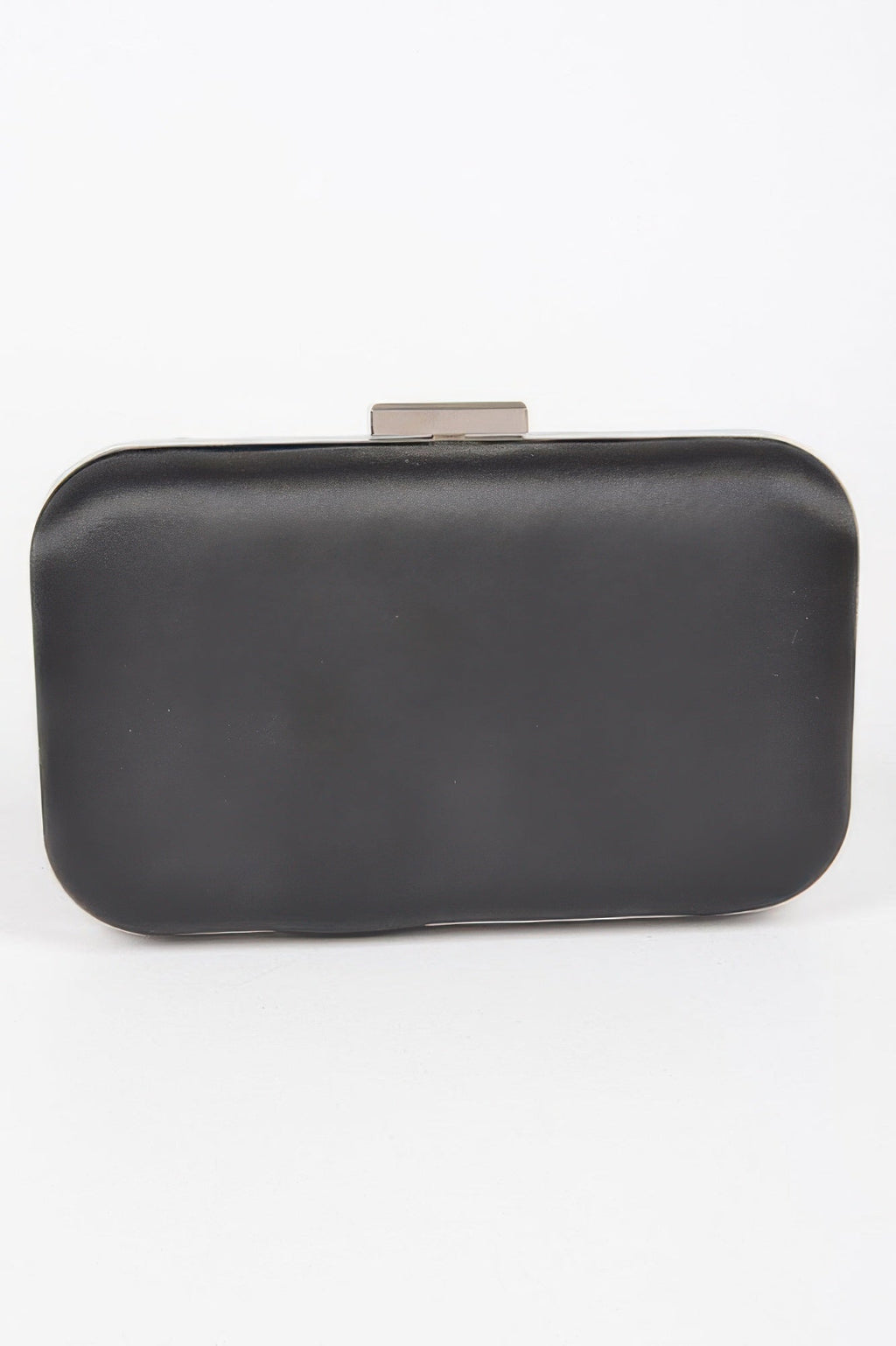Black satin frame clutch with top clasp and smooth rectangular body
