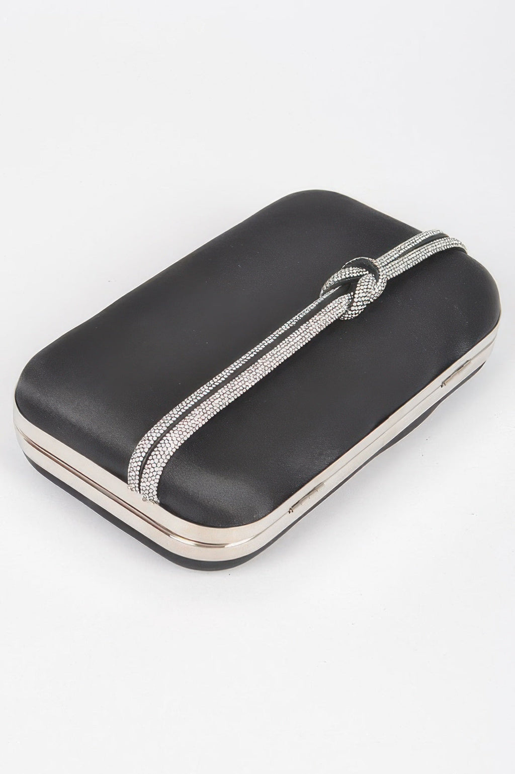 Black satin frame clutch with rhinestone cord top handle and metallic base trim