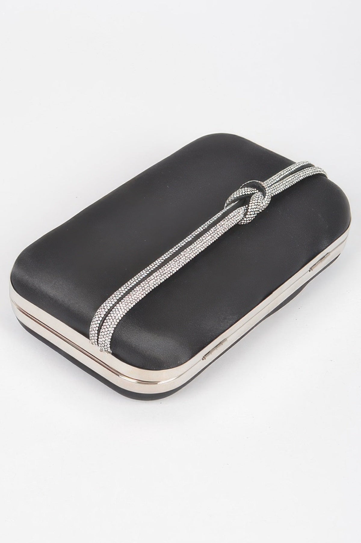 Black satin frame clutch with rhinestone cord top handle and metallic base trim