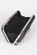 Black satin frame clutch open view showing interior and rhinestone chain strap