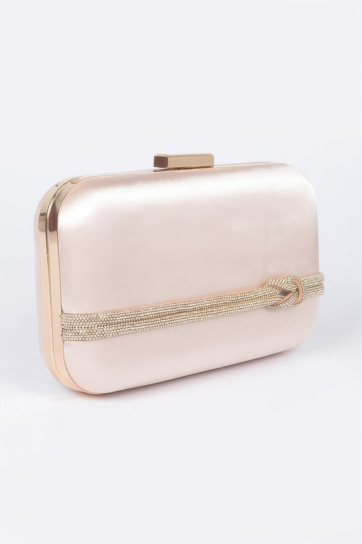 Gold satin frame clutch side view with top clasp and metallic frame trim