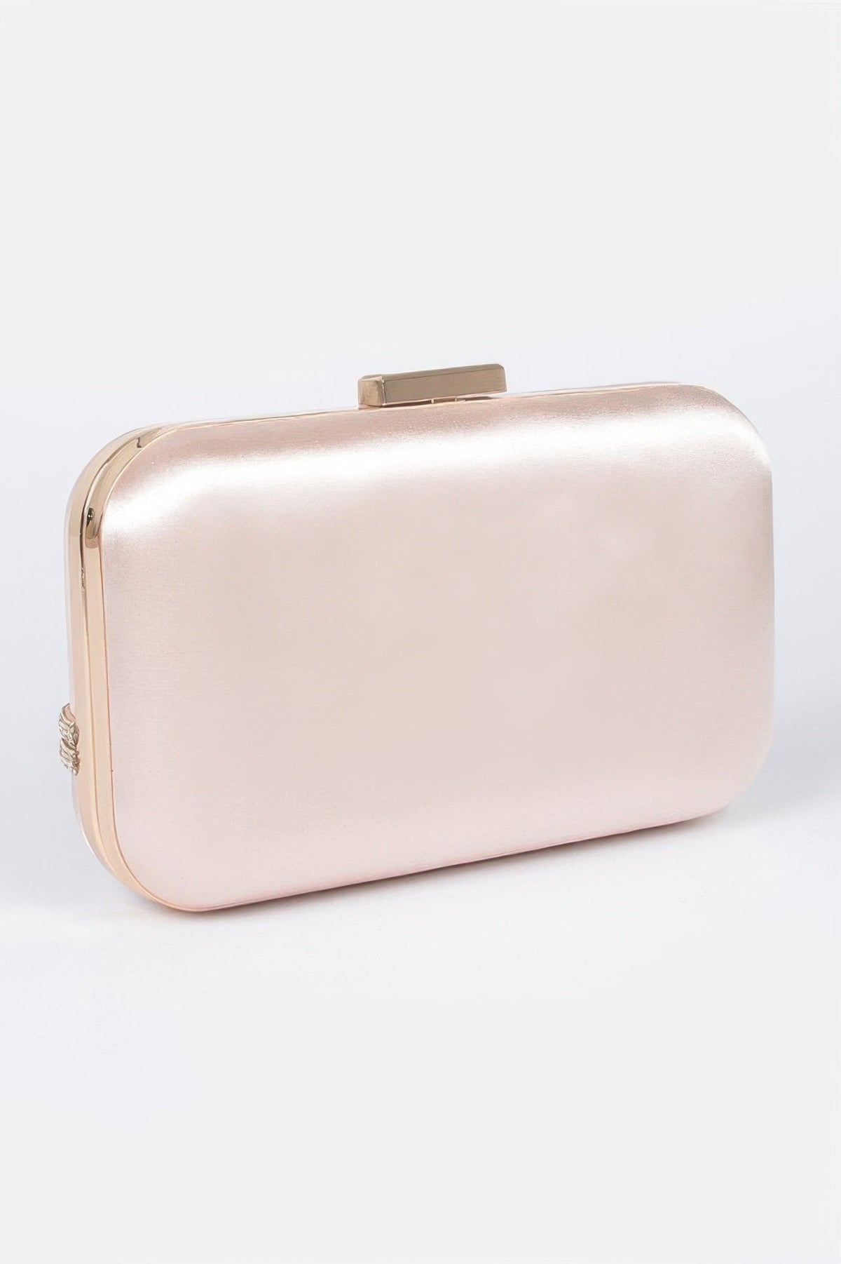 Gold satin frame clutch with smooth rounded corners and gold-toned clasp