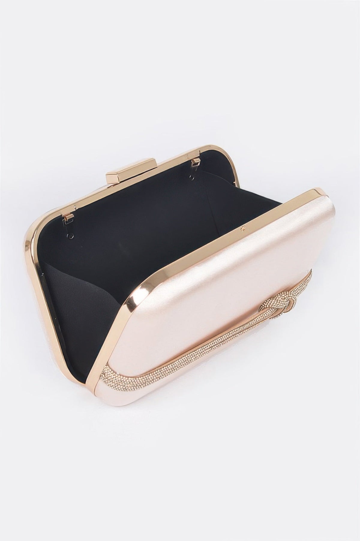 Gold satin frame clutch open view with black interior and rhinestone top chain