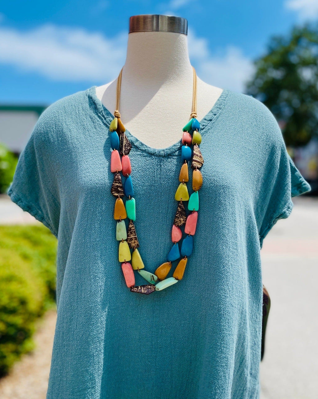 Betsy cotton gauze top, teal blue, V-neck, short sleeves, draped fit