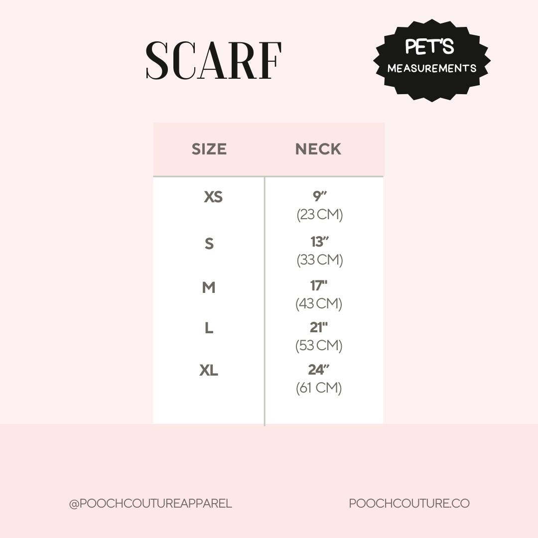 Neckerchief size chart showing pet neck measurements for XS to XL