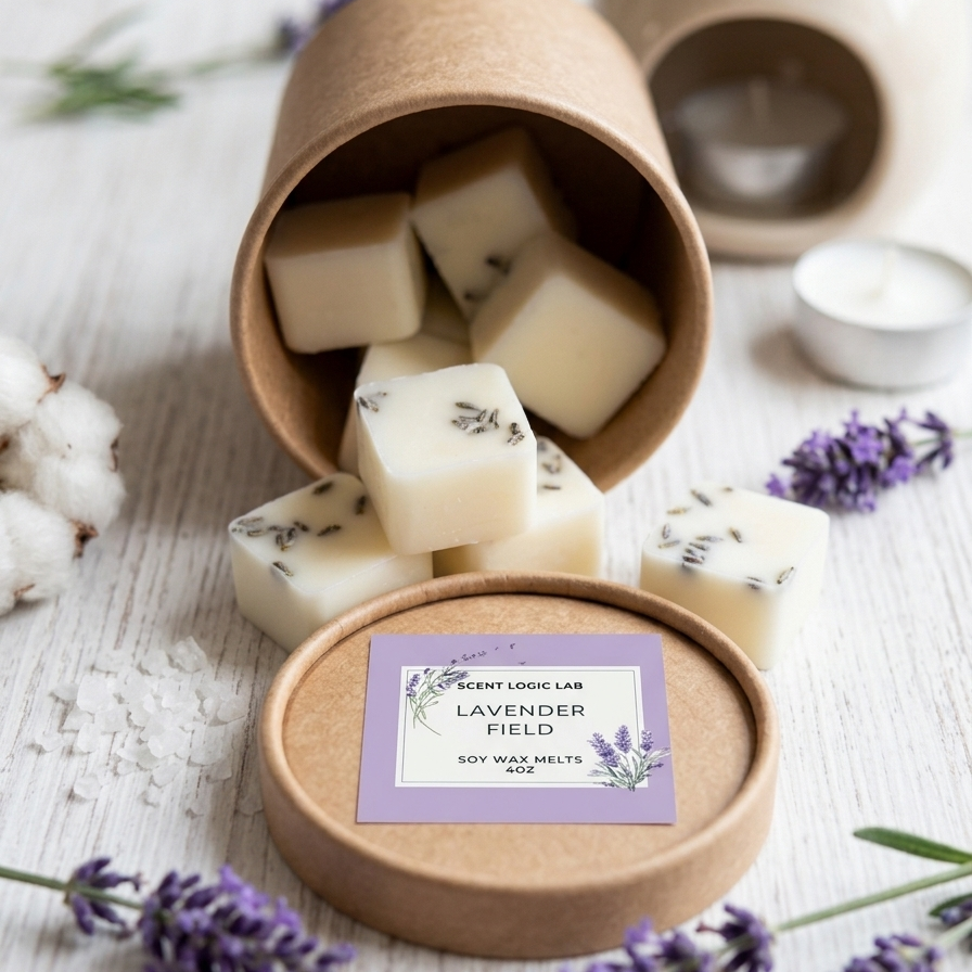Soy wax melt cubes with lavender sprigs in open kraft cup with lavender label