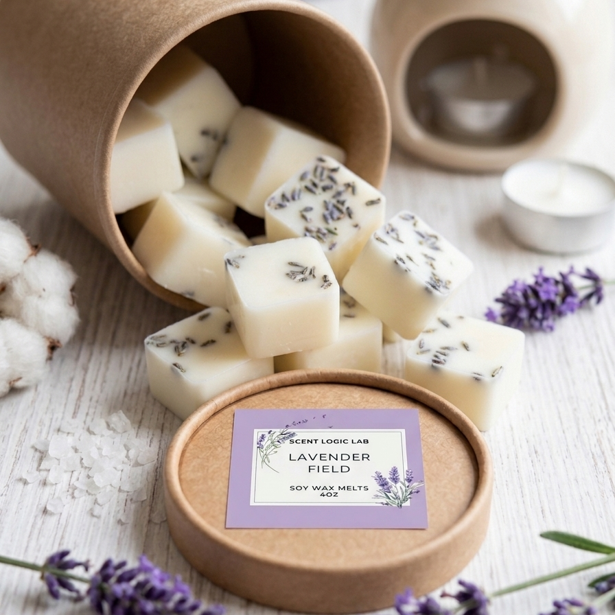 Soy wax melt cubes with lavender sprigs in open kraft holder with lavender label