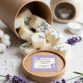 Soy wax melt cubes with lavender sprigs in open kraft holder with lavender label