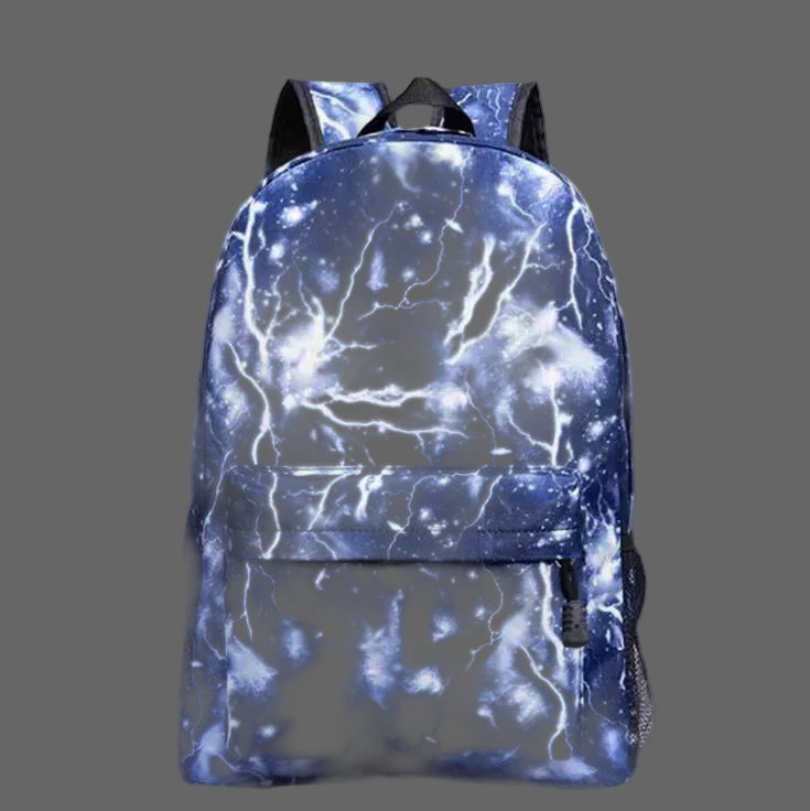 Luminous school backpack in blue galaxy lightning print, front zip pocket, top handle