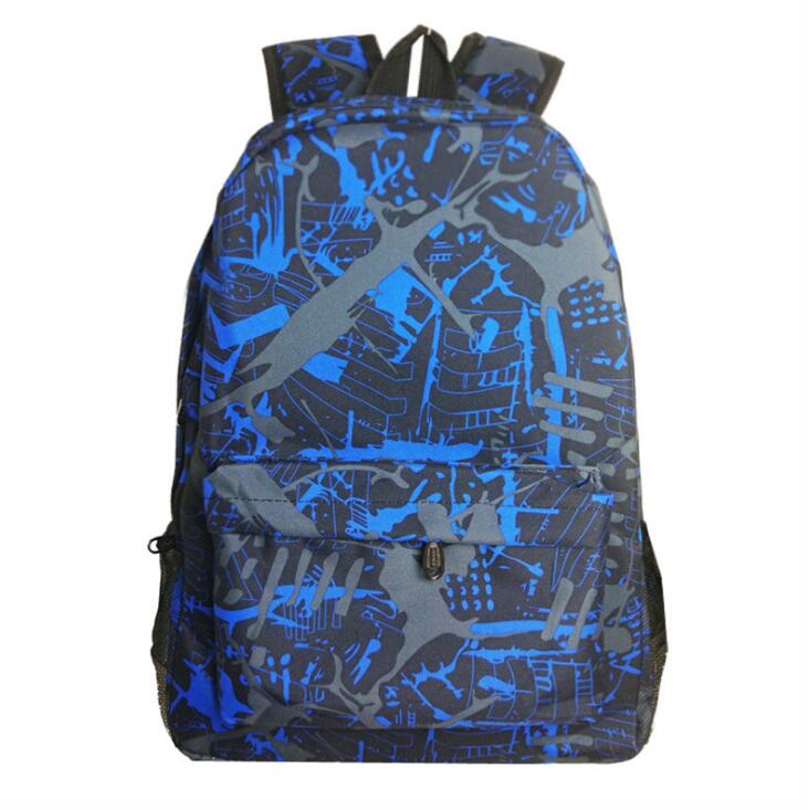 Luminous school backpack with blue blueprint city pattern, front zip pocket, padded straps