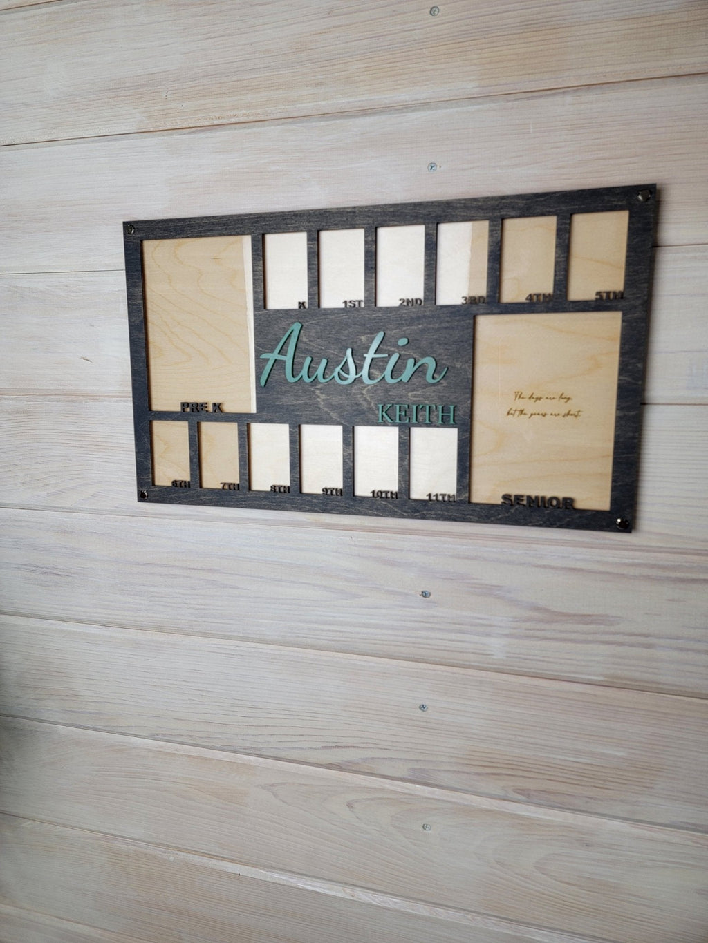 Walnut school years picture frame with name Austin and labeled school-year slots