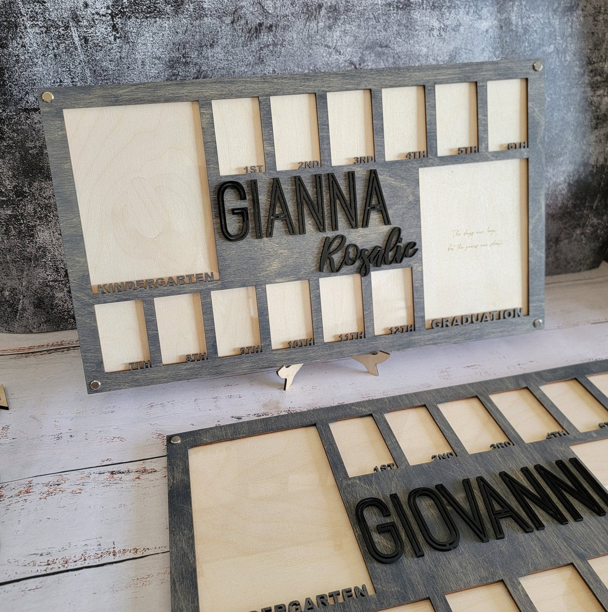 Dark slate gray personalized graduation picture frame with name GIANNNA and photo slots