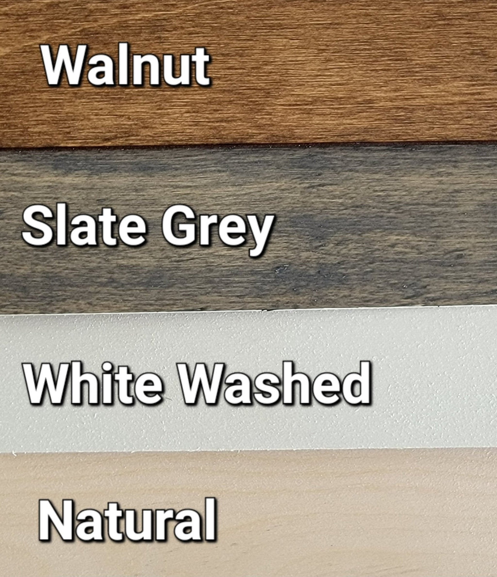 Wood picture frame finish options: walnut, slate grey, white washed, and natural