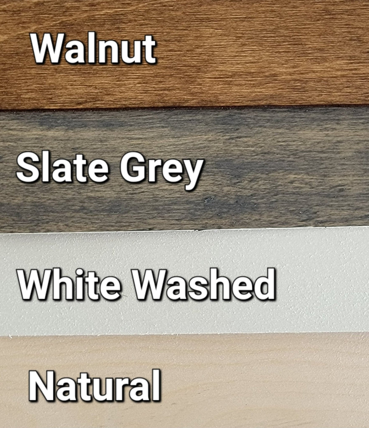 Wood picture frame finish options: walnut, slate grey, white washed, and natural