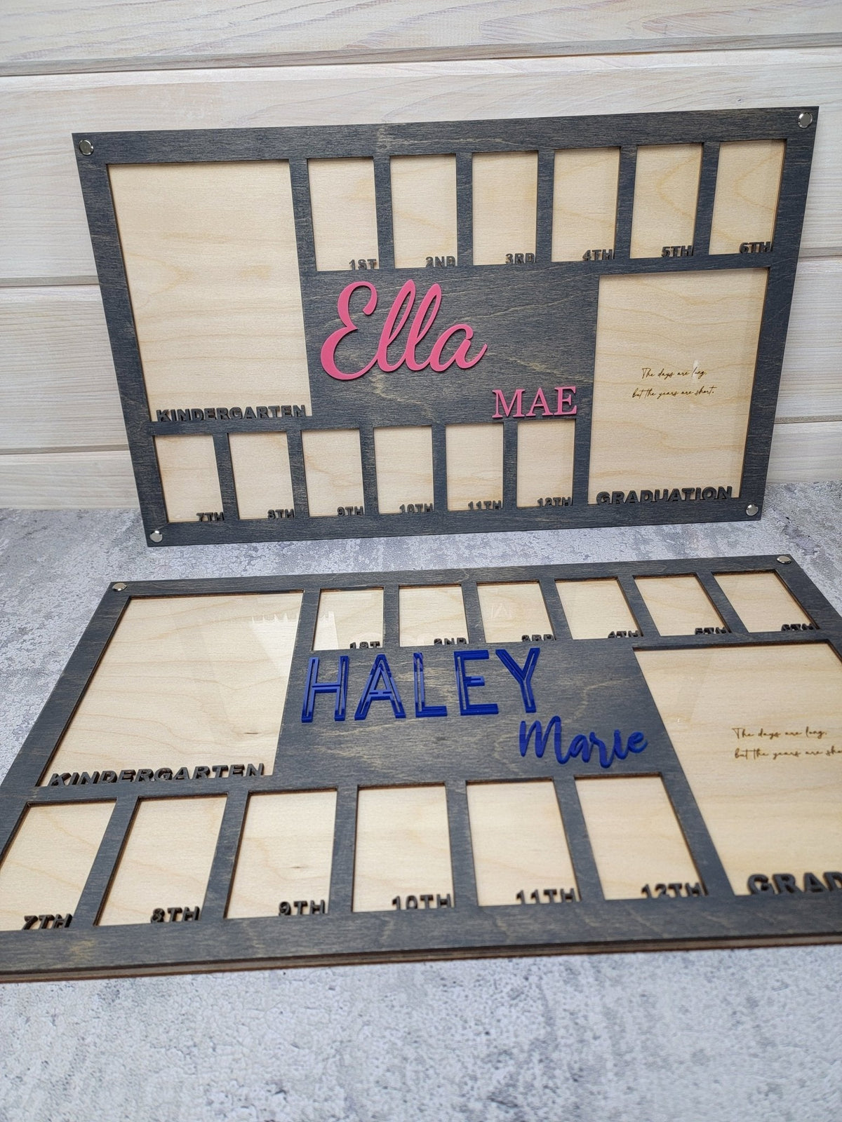 Slate gray personalized school years picture frame with decorative names and year slots