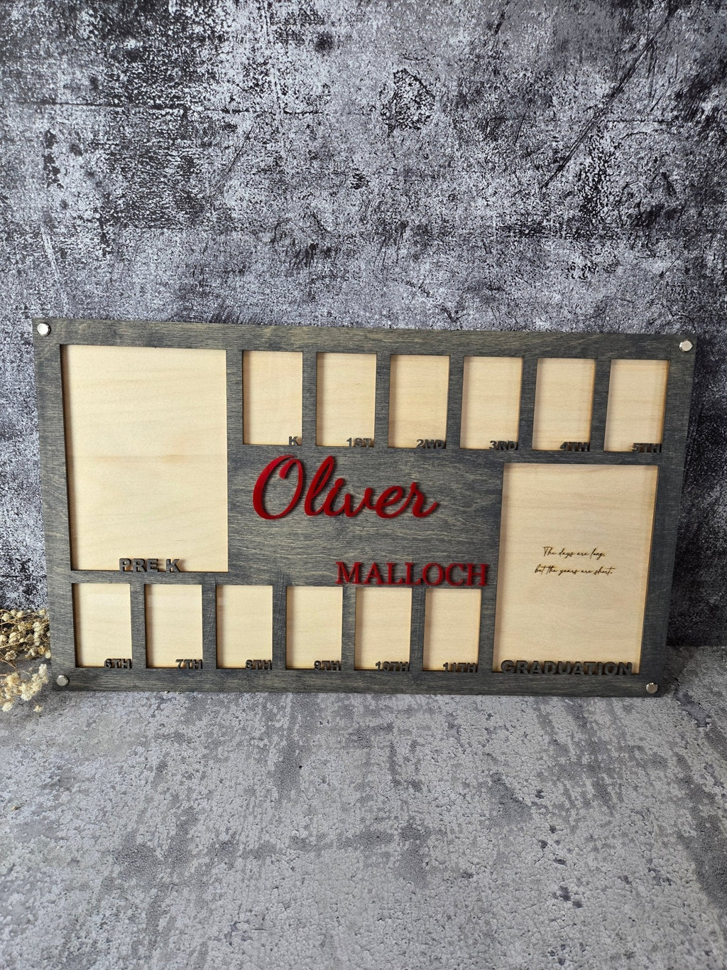 Slate grey school years picture frame with name Oliver and red school-year text