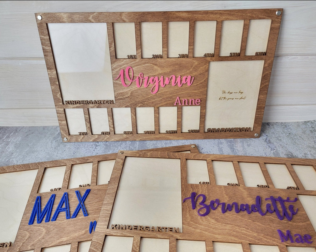 Wooden school years picture frame with name slots and colorful graduation text