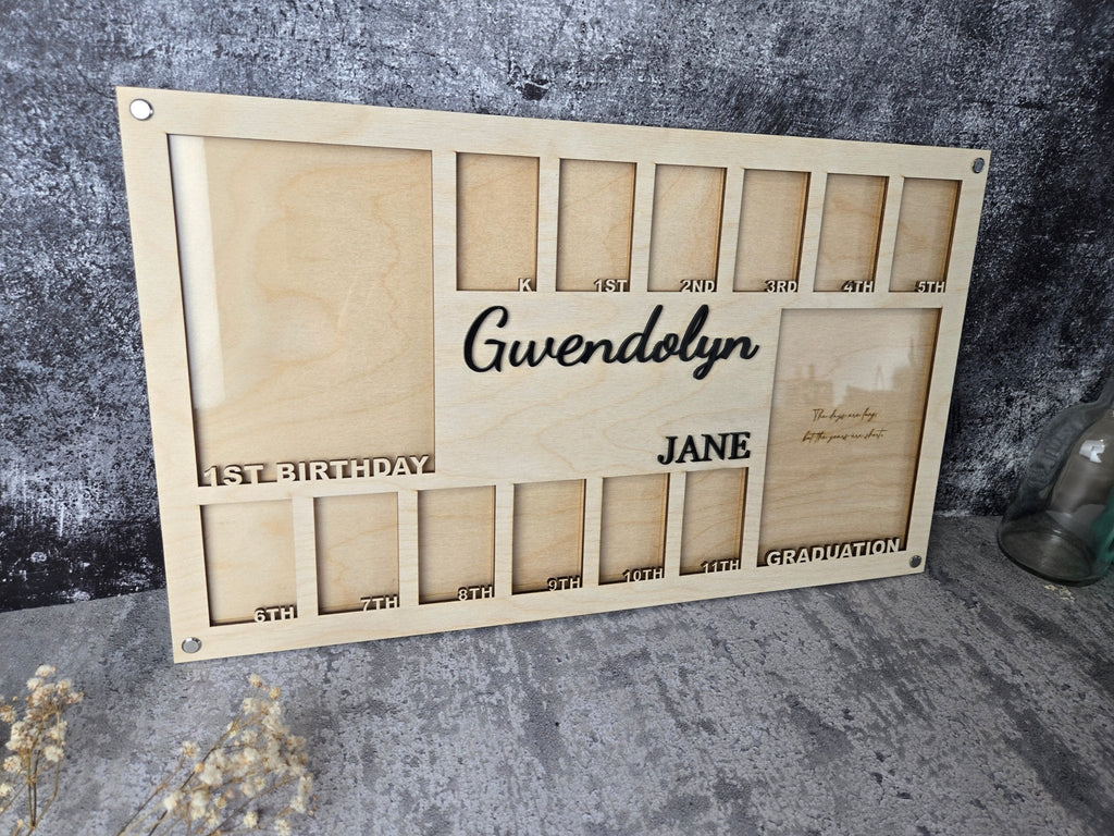 Natural wooden school years picture frame with multiple photo slots and engraved text