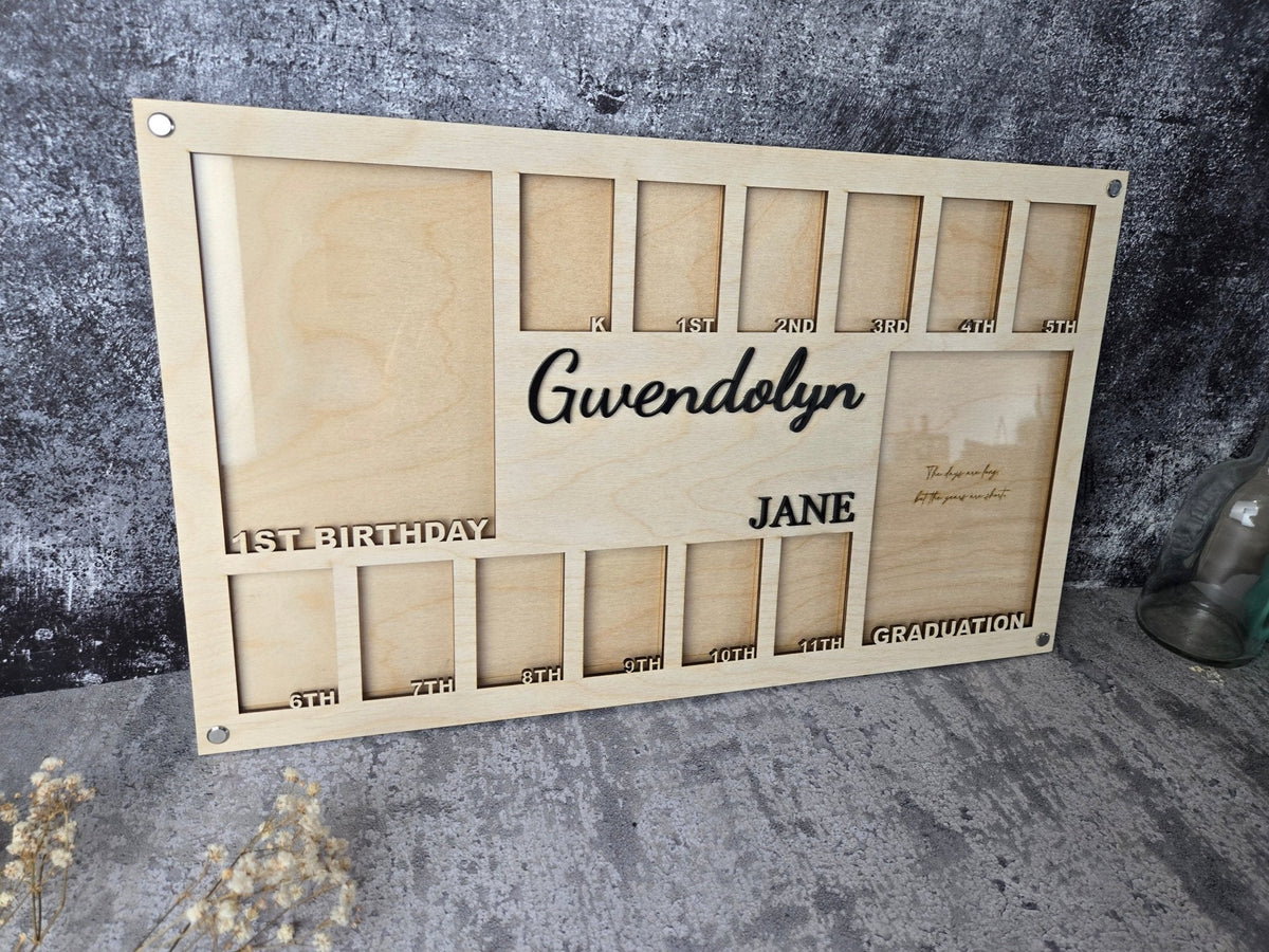 Natural wooden school years picture frame with multiple photo slots and engraved text