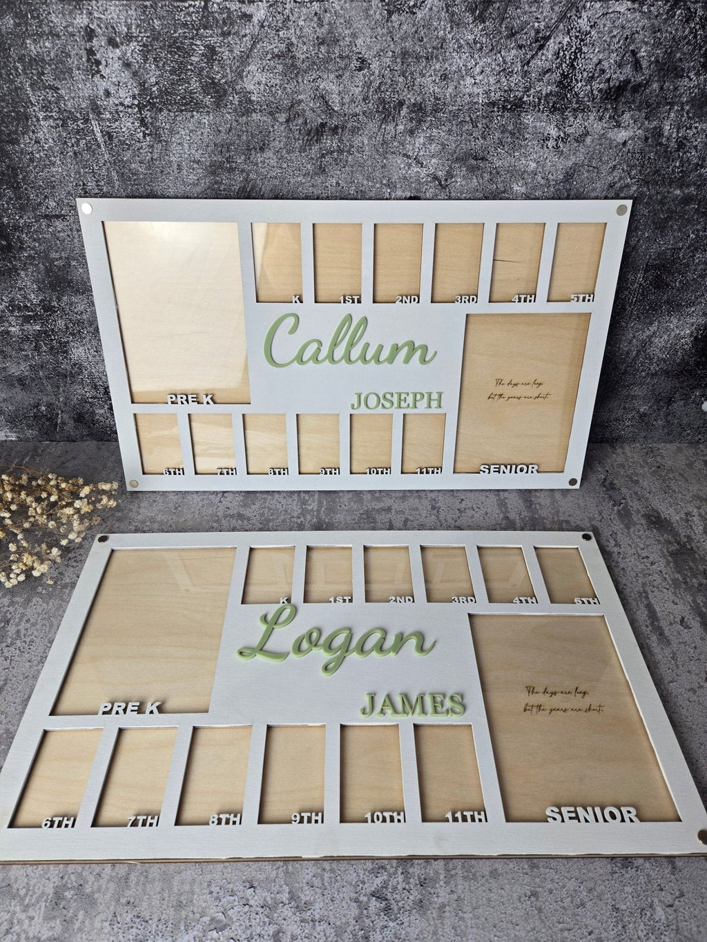 Light wood school years picture frame with year slots and cursive names, wall mounted