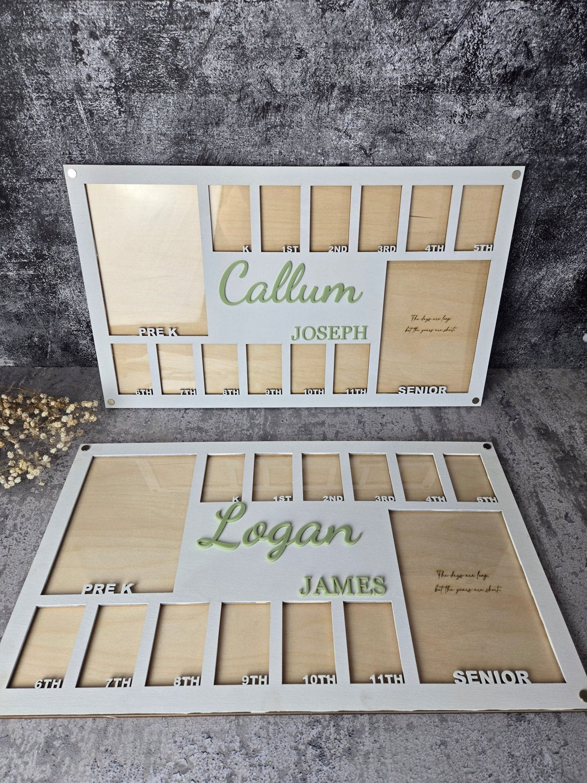 Light wood school years picture frame with year slots and cursive names, wall mounted