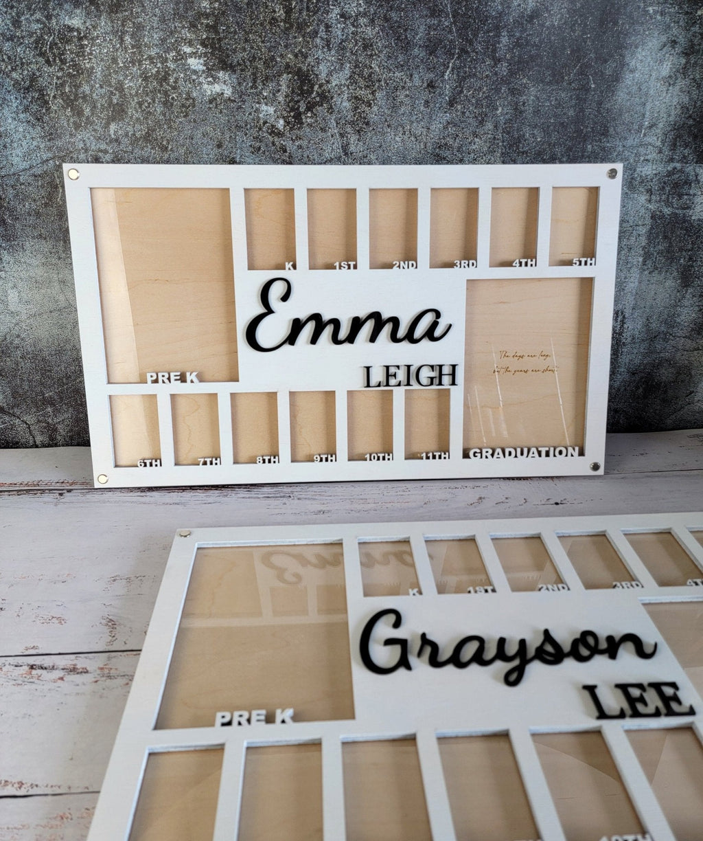 White grid picture frame with cutouts for Emma Leigh and Grayson Lee