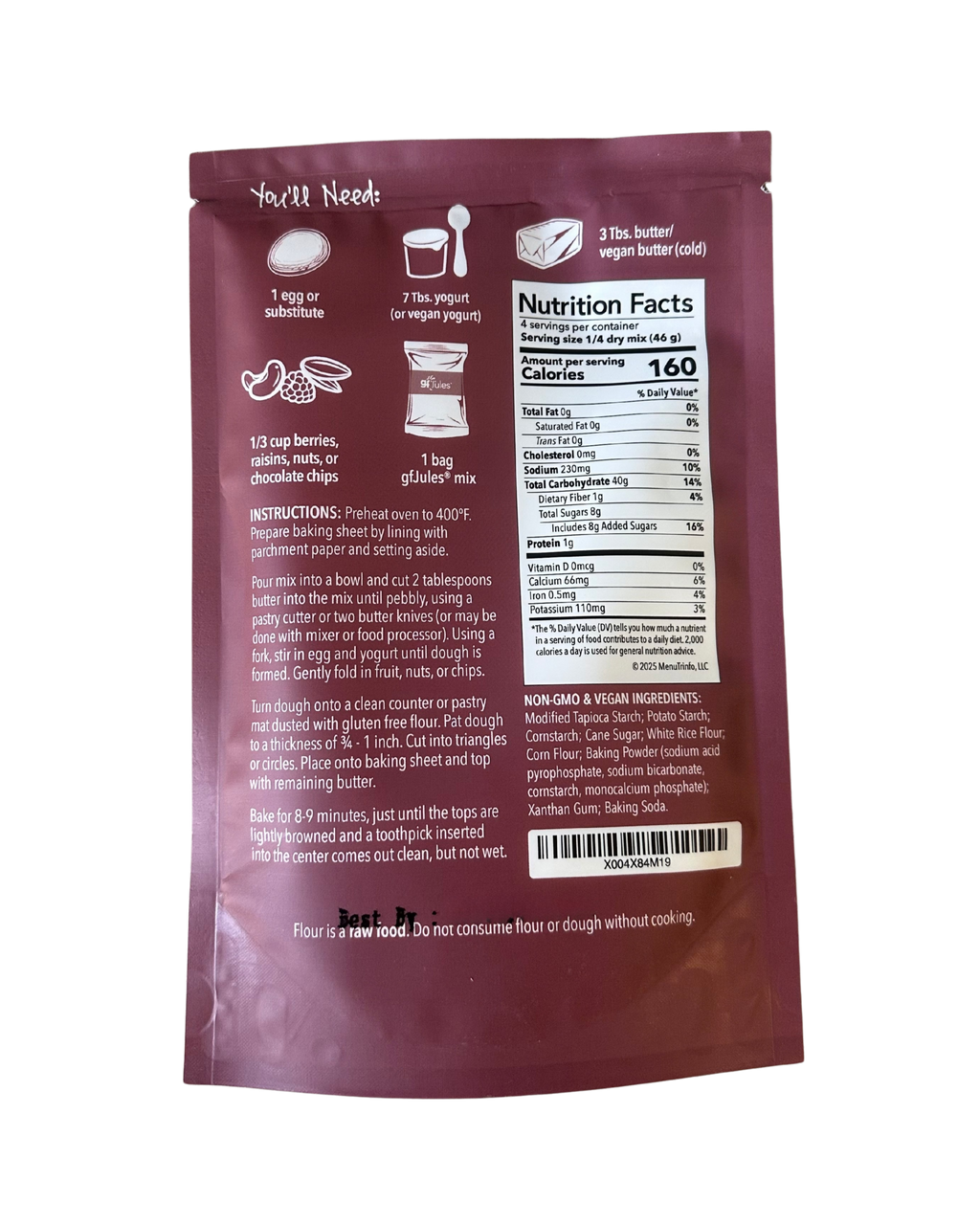 Scones mix pouch back with ingredients and nutrition information panel