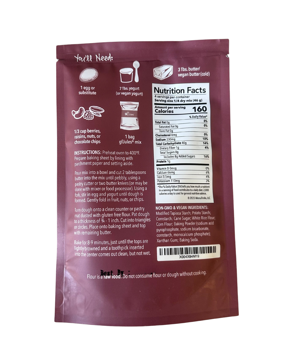 Scones mix pouch back with ingredients and nutrition information panel