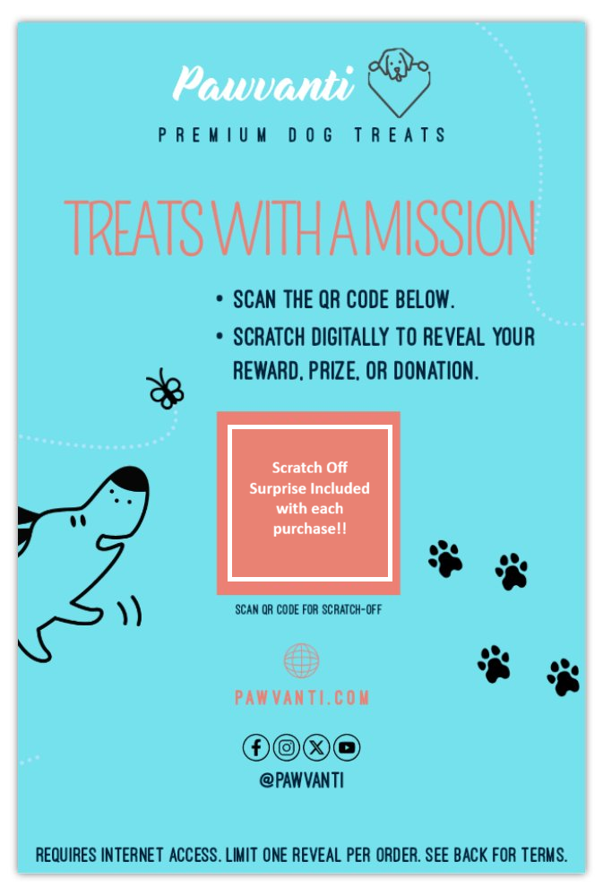 Blue dog treats mission card with paw icon and scratch-off offer