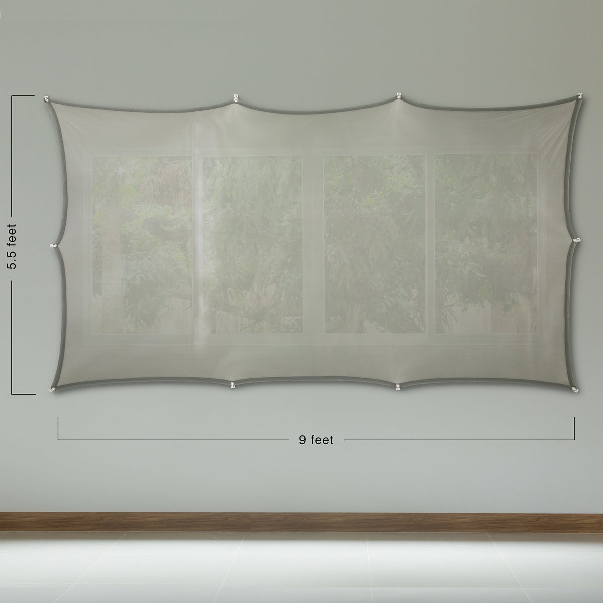 White fabric projection screen banner with 5.5 ft x 9 ft size markings