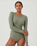 Olive long-sleeve scoop-neck bodysuit, fitted one-piece