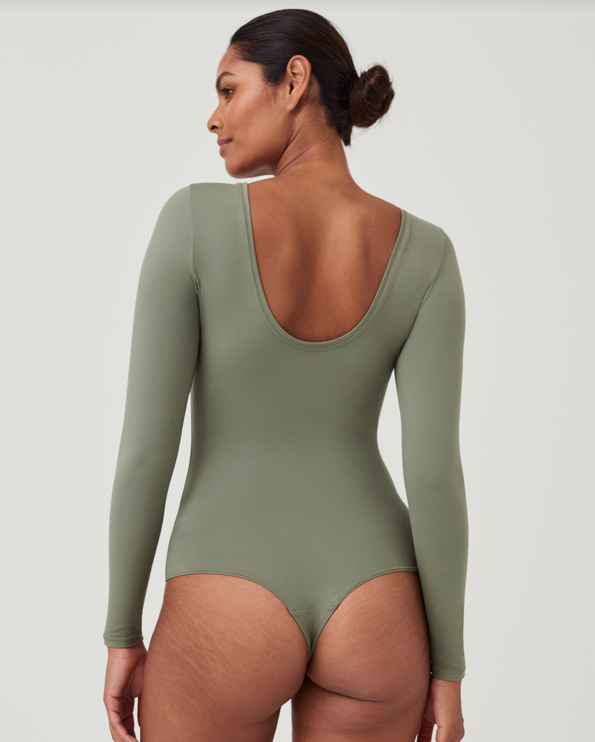 Olive long-sleeve bodysuit with scoop back and fitted briefs