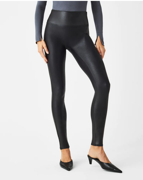 Black faux leather leggings with high-rise waistband and slim leg, ankle length