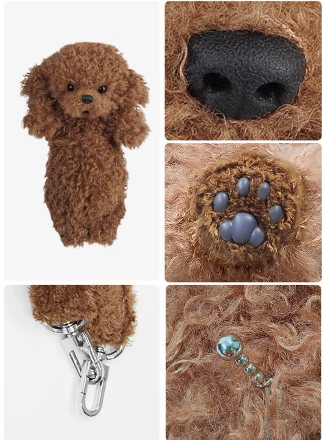 Brown plush puppy backpack details: curly fur, clasp hardware, and paw icon patch