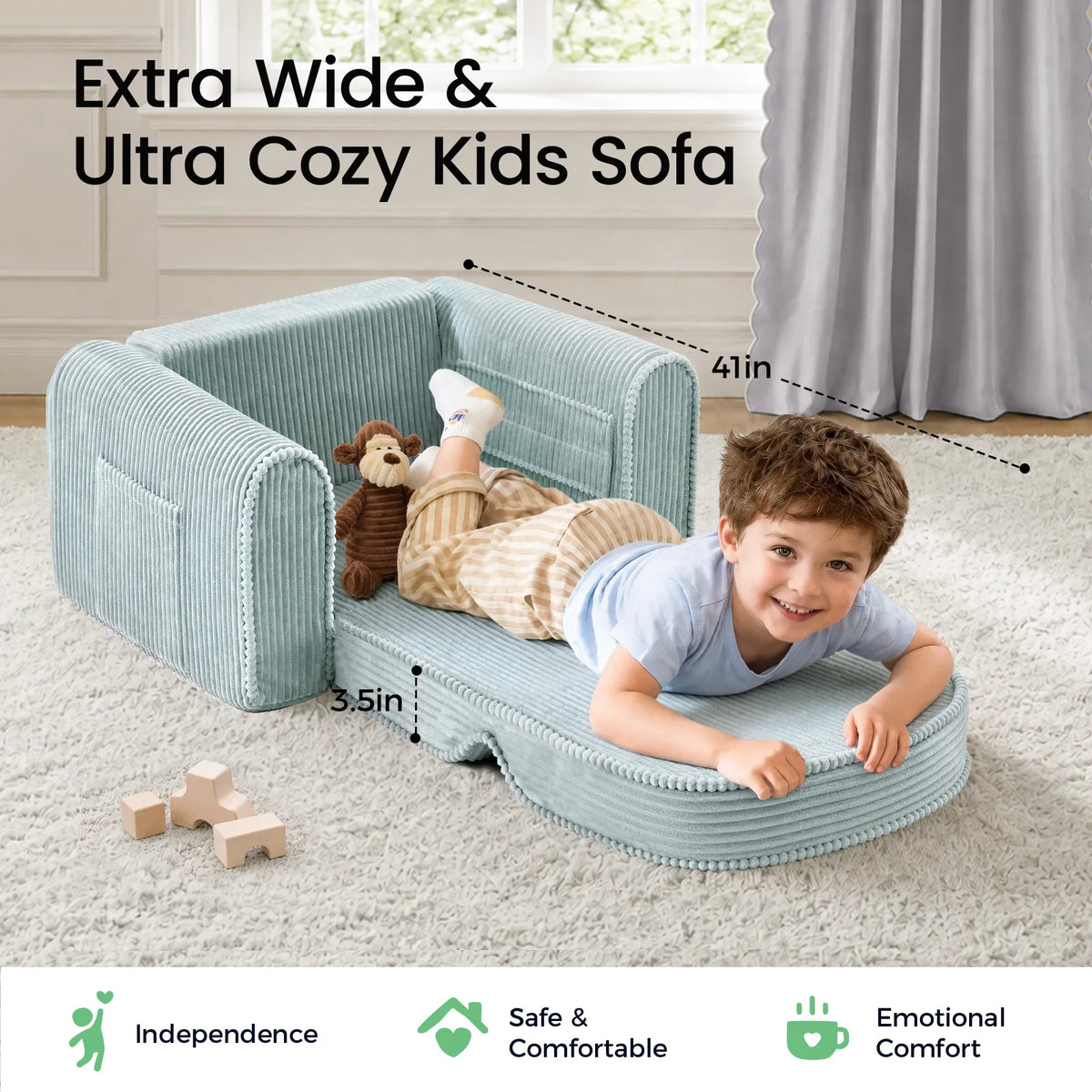 Teal corduroy kids sofa with padded arms and curved seat, kids and stuffed toys on top