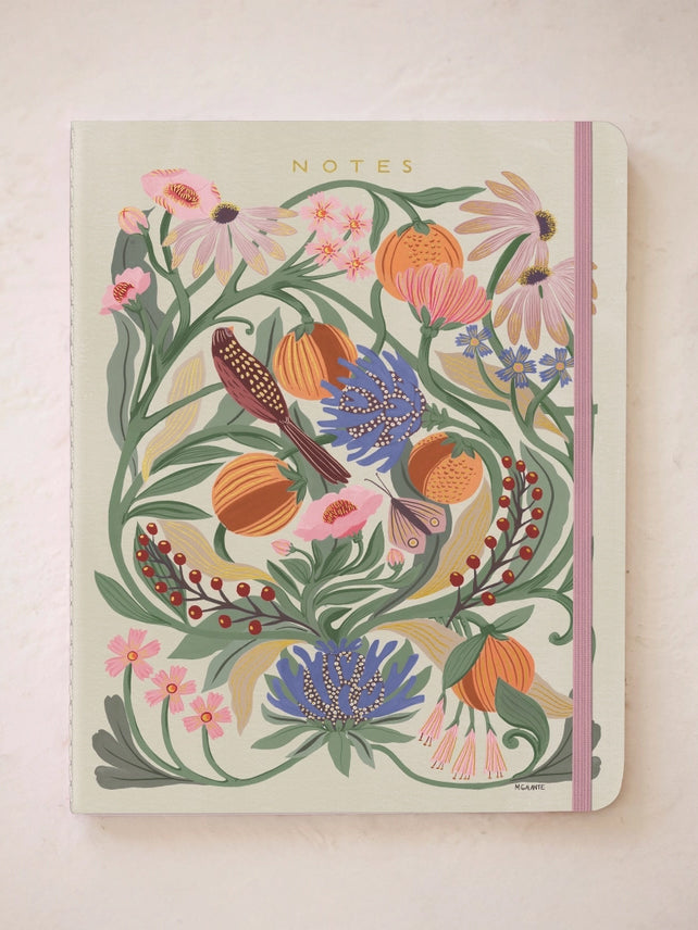 Notes notebook with light cover, pink and blue flowers, and stitched notebook edges