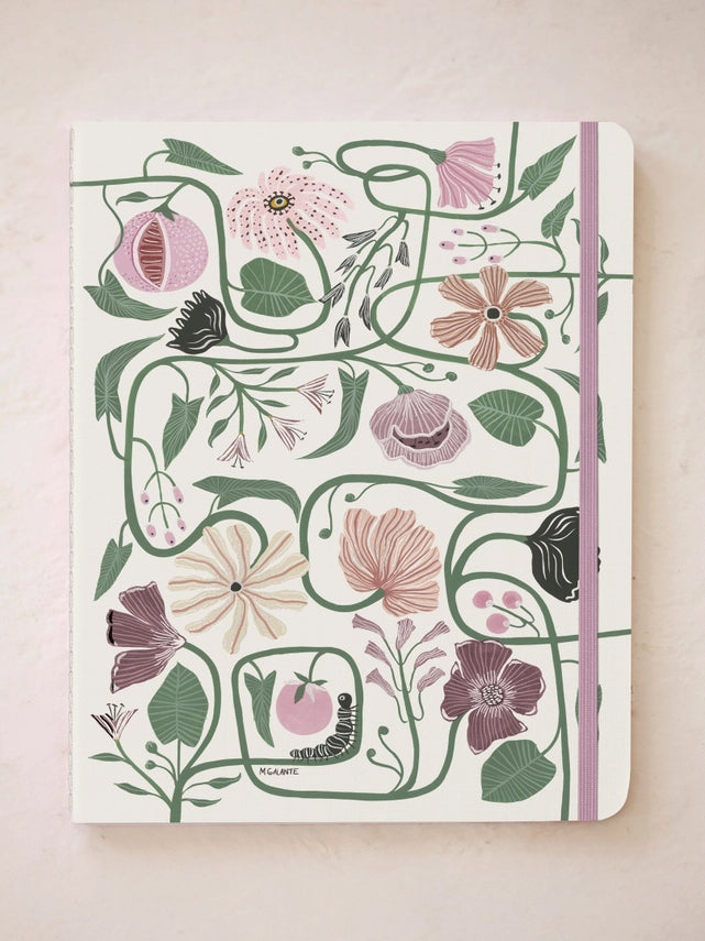 Notes notebook with white floral cover, muted flowers and leaves, stitched spine