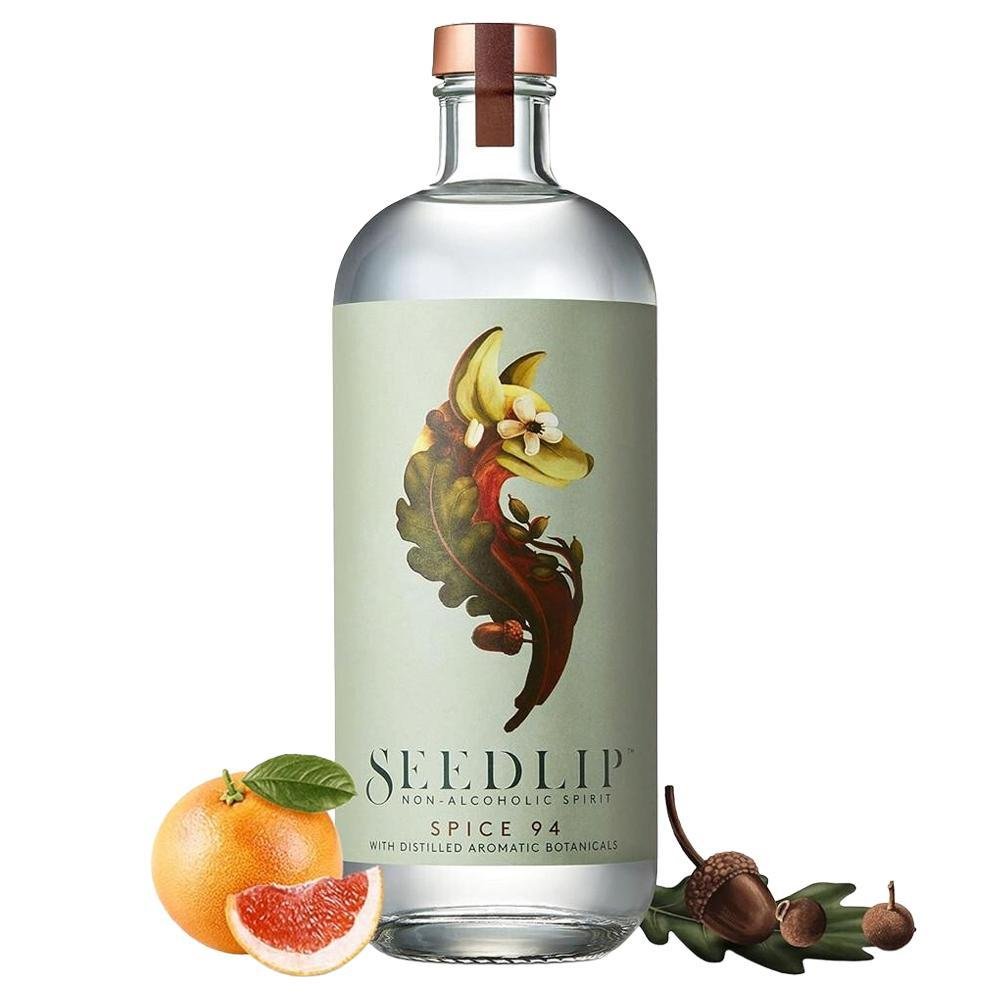 Seedlip Spice 94 non-alcoholic spirit, clear glass bottle with copper cap and botanical label