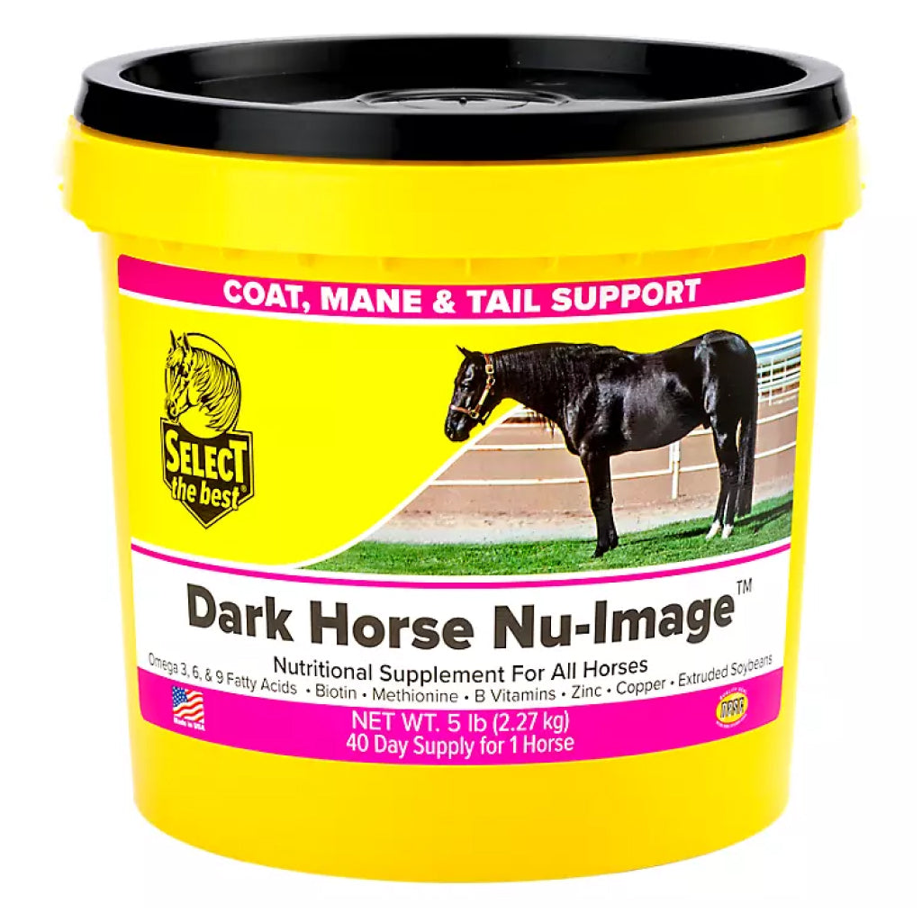 Horse nutritional supplement tub with black lid and pink coat, mane & tail support band