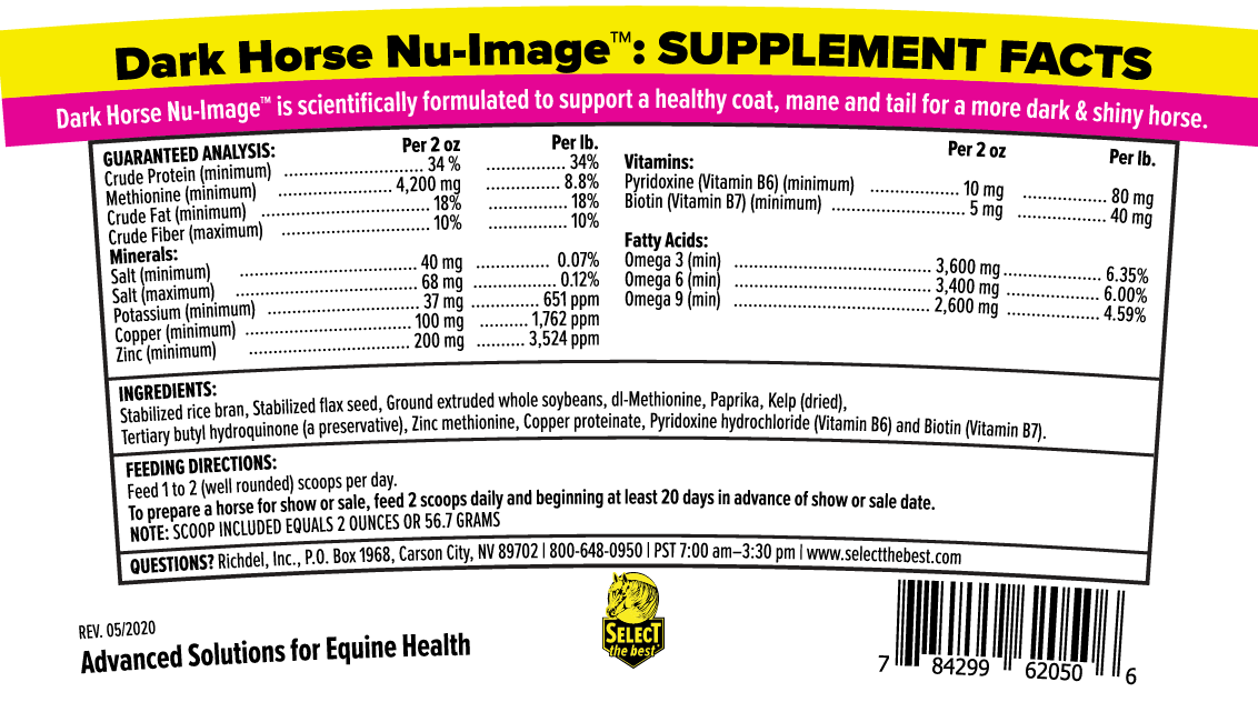Horse nutritional supplement facts label panel with ingredients and directions on the tub