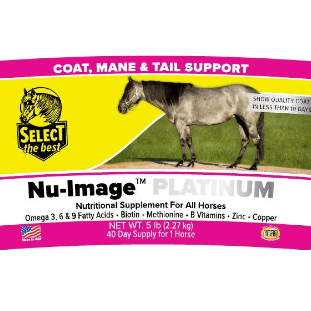 Horse coat, mane & tail support label on yellow supplement tub.