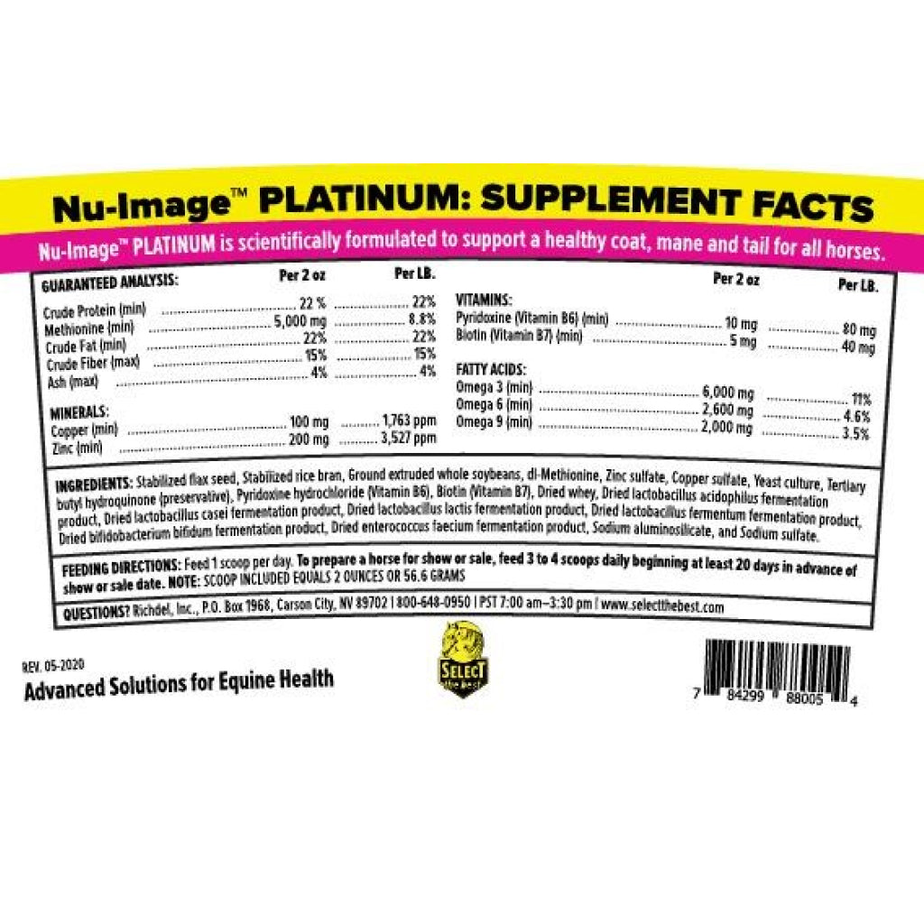Back label with supplement facts and barcode on Nu-Image Platinum tub.