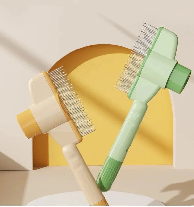 Self-cleaning pet grooming brush with stainless steel teeth and mint green handle