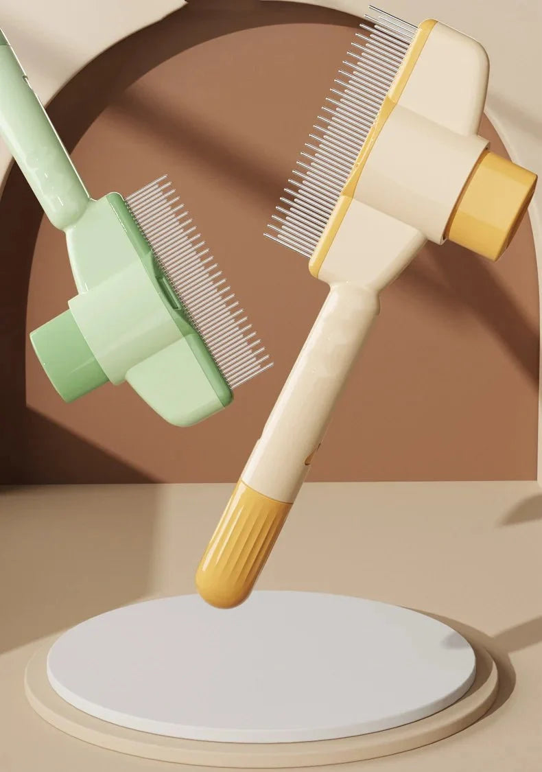 Self-cleaning pet grooming comb with green and yellow heads and stainless pins