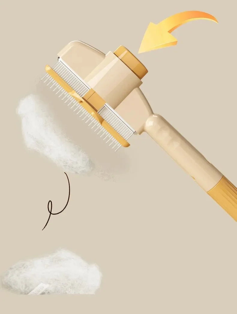Self-cleaning pet comb with stainless steel teeth, beige handle and yellow base