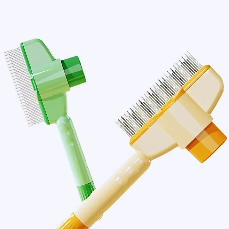 Self-cleaning pet grooming comb with green handle and stainless steel pins