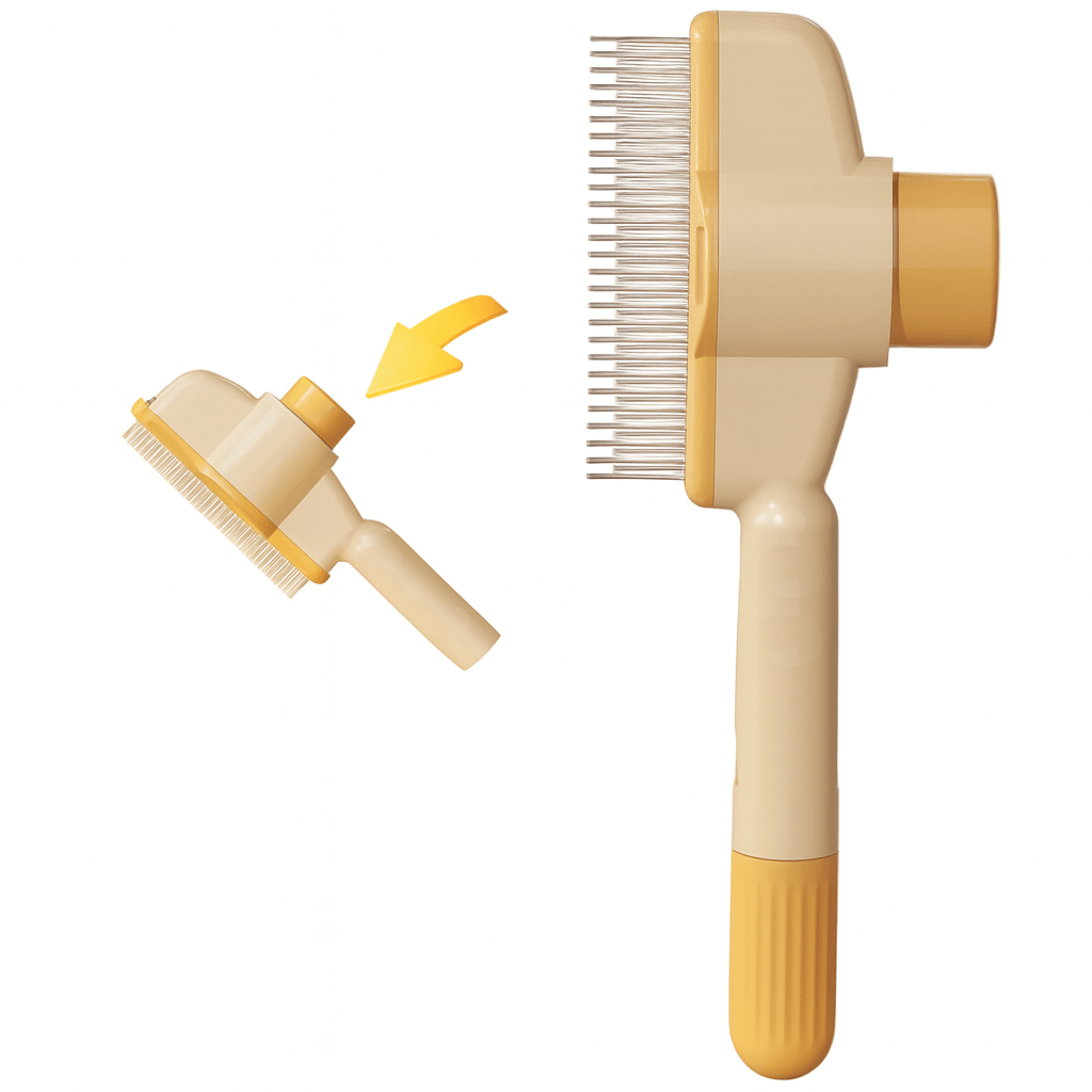 Self-cleaning pet grooming comb with yellow handle and stainless steel pins