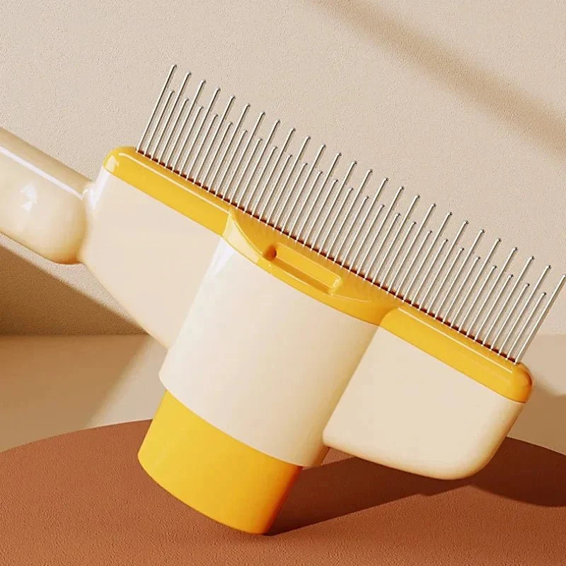 Self-cleaning pet grooming comb with stainless steel teeth and yellow casing